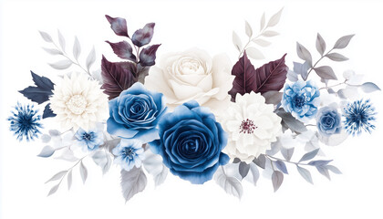 Watercolor illustration features a classic floral bouquet. Blue rose stands out among other flowers. White hydrangeas and leaves