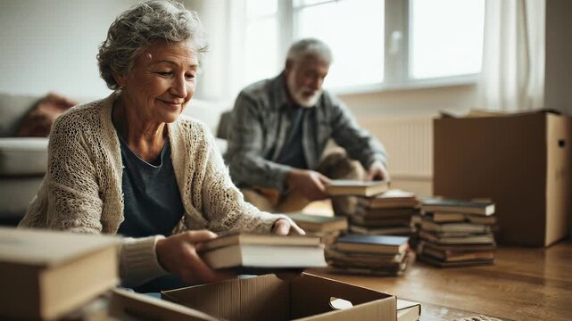Senior couple packing books. Loving elderly woman smiles while organizing home library. Preparing for relocation, downsizing, retirement lifestyle. Cozy interior, warm moments.