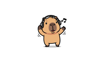 Cartoon Capybara Wearing Headphones Dancing.