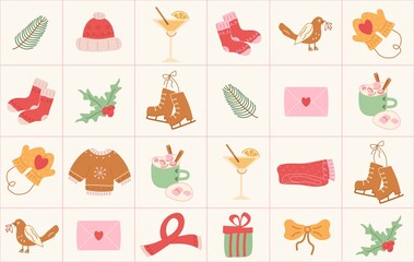 Winter cute seamless pattern. Modern mosaic background with hand-drawn holiday elements, glasses, socks, clothes, glass, gift, skates, heart, letter. trend art illustration