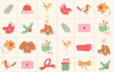 Winter cute seamless pattern. Modern mosaic background with hand-drawn holiday elements, glasses, socks, clothes, glass, gift, skates, heart, letter. Vector art illustration