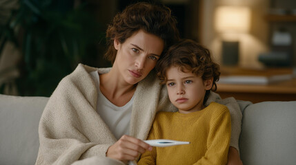 Anxious mother holding a thermometer beside her child, realistic family health scene expressing care, uncertainty, emotional strain, and the challenges of parenting during illness. cinematic color