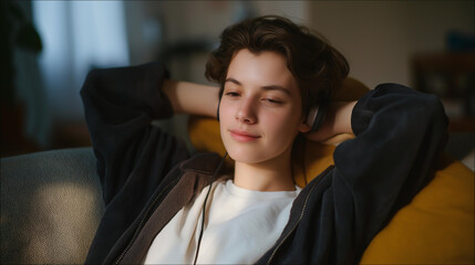 Solitary evening indoors with individual listening to music alone, dim lighting, comfortable sofa, calm thoughts, relaxation ritual, emotional balance and slow paced lifestyle moment cinematic
