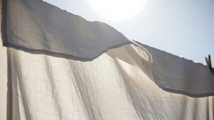 A white linen sheet billowing on a clothesline in the sun, representing the simple pleasure of freshness and a clean, natural lifestyle.