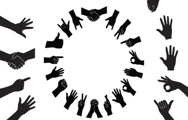 Hand gesture silhouette set, black vector hands, communication signs, pointing, peace, thumbs up, OK symbol, graphic illustration