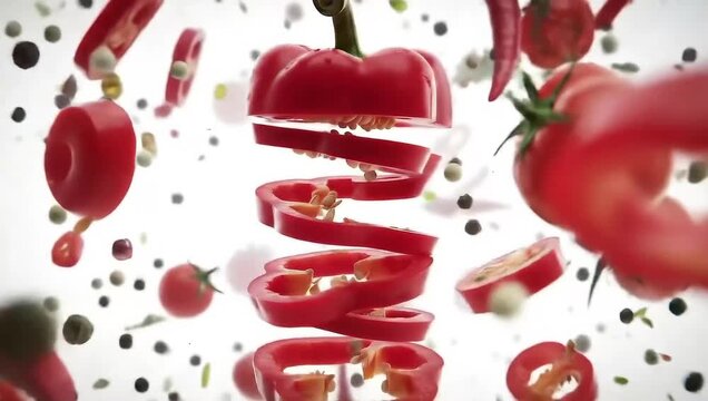 Red bell pepper slices and chili peppers exploding with peppercorns and tomatoes in a dynamic