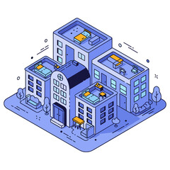 Modern isometric urban buildings with rooftop spaces and minimalist design. No editable stroke