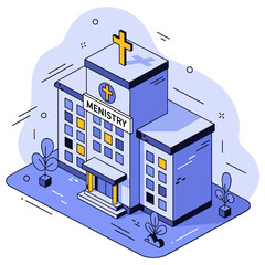 Fototapeta premium Isometric illustration of a hospital building with medical cross and trees. No editable stroke