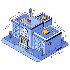 Isometric drawing of modern school building with blue facade and clock tower. No editable stroke