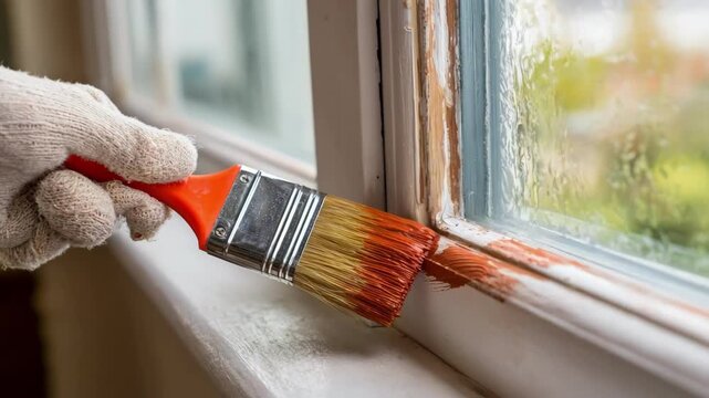 Closeup on a sealing brush coating basement window frames with waterproof sealant to block dampness in lowerlevel units.