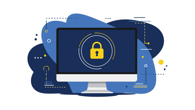 Digital security concept illustrates a computer monitor featuring a large yellow lock icon on the screen with abstract blue waves in the back.