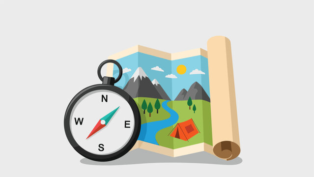 Adventure planning illustration includes a classic compass and a folded paper map showing a scenic mountain landscape with a tent and a river.