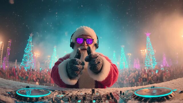 屋外フェス雪のステージで観客を沸かす日本人サンタDJ、夜の瞬間