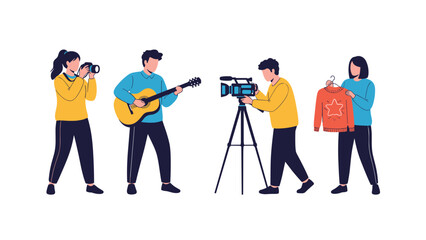 Creative professionals including a photographer, videographer, musician, and fashion designer working together as a team.