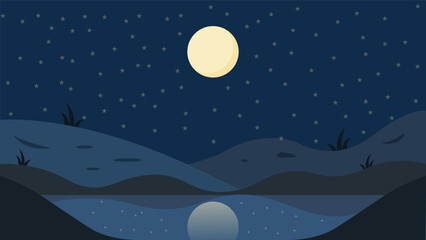 Peaceful night scene featuring a full moon starry sky rolling hills and water reflection perfect for meditation nature themes wallpapers apps storytelling backgrounds and calm designs