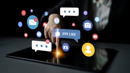Multiple social media icons, likes, messages, and notifications representing online interaction, engagement, and digital communication Parse