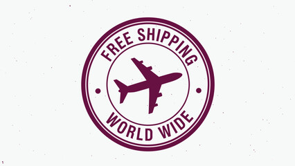 Round postal stamp with an airplane icon and free shipping worldwide text for international delivery and cargo logistics.