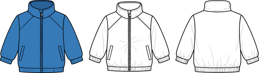 Kids blue bomber jacket technical fashion sketch, childrens zip up windbreaker vector template, casual outerwear flat drawing, apparel design mockup, professional clothing illustration. © Mahi's World