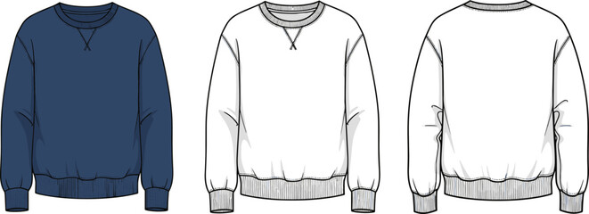Mens navy blue sweatshirt technical fashion sketch, long sleeve fleece crewneck pullover vector template, casual sportswear flat drawing, apparel design mockup, professional illustration. © Mahi's World