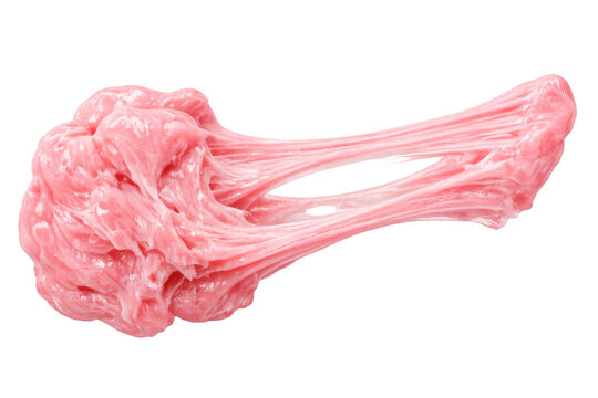 Pink bubble gum stretching, showing gooey, sticky, and elastic texture, a sweet candy treat on transparent background