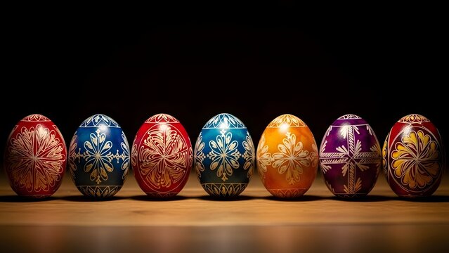 Colorful Decorated Easter Eggs on Wooden Surface decorated eggs colorful eggs floral patterns - Powered by Adobe