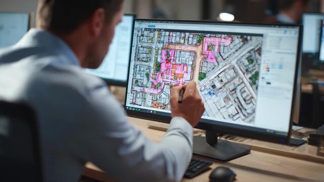Medium shot of a professional analyzing a detailed evacuation plan in 3D modeling software on a desktop highlighting building layout and exit routes.