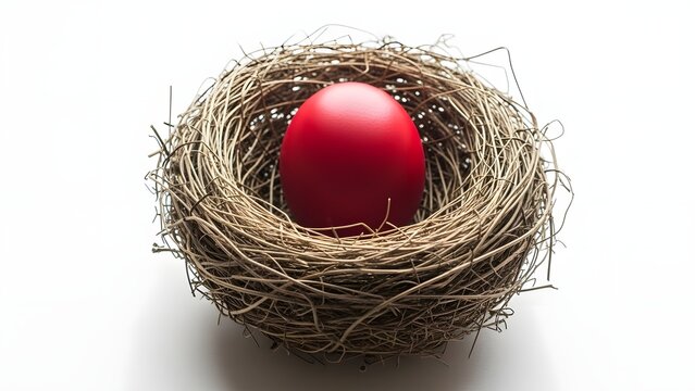 Red Egg in a Woven Straw Nest on White Background