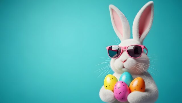 White Bunny with Pink Sunglasses Holding Colorful Easter Eggs rabbit
