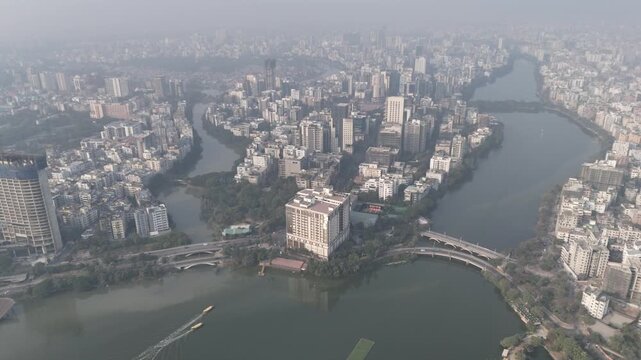 Aerial view of Banani Lake and Dhaka city skyline in Bangladesh