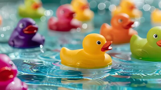 Floating Rubber Ducks in Bright Pool Creating Colorful Scene