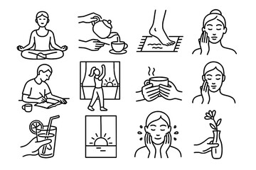 Obraz premium Cream sipping mug icons morning face vector reading ritual icon rug breathing