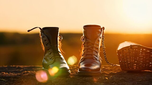 Two stylish boots stand on a rustic surface, illuminated by the warm glow of the sunset. The boots create an inviting scene that highlights their unique design and craftsmanship.