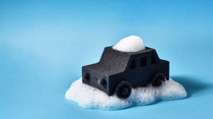 black car-shaped sponge with white fluffy foam on a blue background with copy space. Car wash advertising banner with place for text minimalism. no people. self-service car wash.