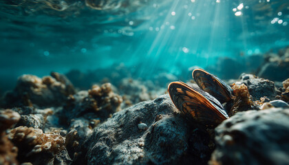 Underwater mussels grow on rocks in clear blue ocean. Sunbeams illuminate marine life on seabed. Shellfish colony thrives near shore