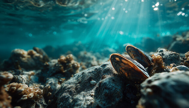 Underwater mussels grow on rocks in clear blue ocean. Sunbeams illuminate marine life on seabed. Shellfish colony thrives near shore