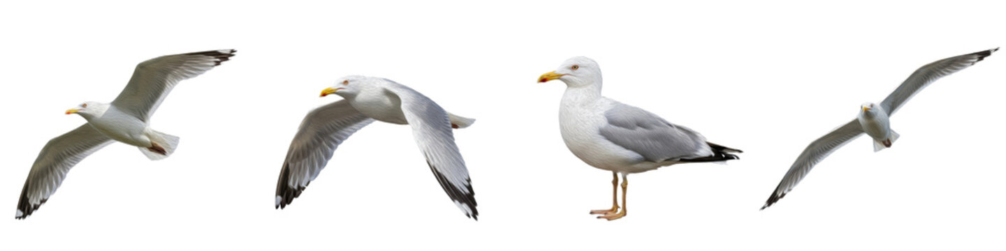Seagull Bird Flying and Standing Set Isolated on White Background PNG