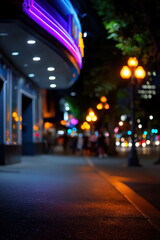 Fototapeta premium Vibrant city street at night with glowing lights and distant people