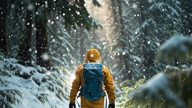 Male Hiker Walking Through Deep Snow in Old Growth Forest