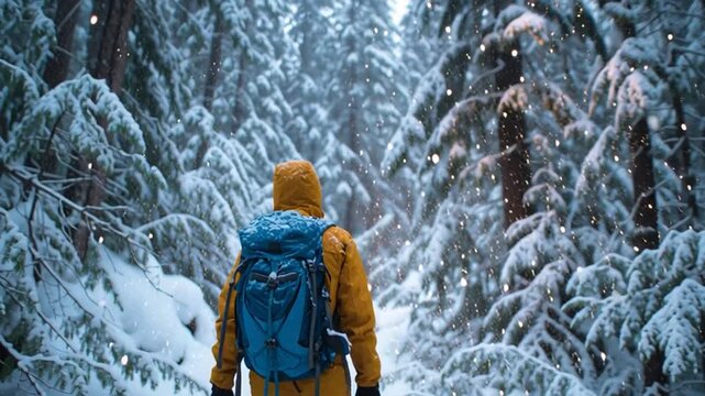 Male Hiker Walking Through Deep Snow in Old Growth Forest