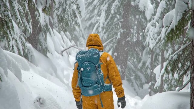 Male Hiker Walking Through Deep Snow in Old Growth Forest