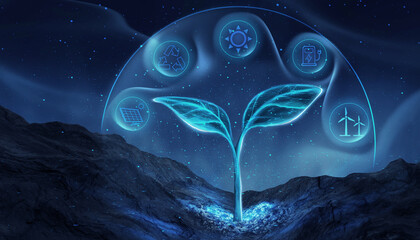 Concept of the environment and ecology. Renewable energy sources for sustainable development. A young plant.