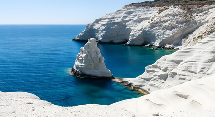 Dramatic white volcanic cliffs and sea stack rising from the dee