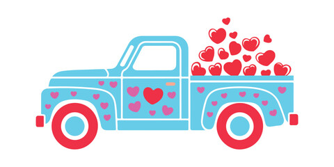 Blue Vintage Pickup Truck Illustration Carrying Red Hearts for Valentine's Day Delivery