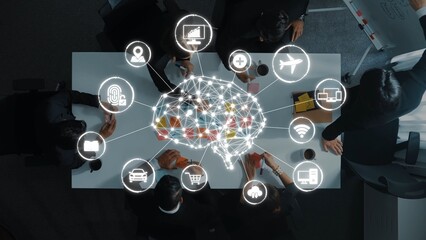 A captivating overhead view of a team engaged in brainstorming with digital icons symbolizing connectivity and innovation in a sleek office setting. Raster