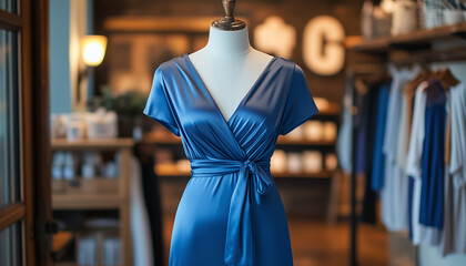 Blue silk wrap dress on white mannequin torso, short sleeves, V-neck with draped crossover bodice