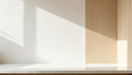 Fototapeta premium Minimalist interior background with white marble countertop and wood wall panel. Modern room with natural sunlight and sharp shadows. Product mockup template with copy space
