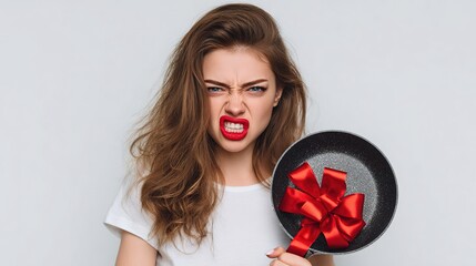 A young, attractive, angry, and frustrated girl in a white T-shirt holds a new frying pan with a red ribbon bow on a white background. Bad gift idea. Valentine's Day bad gift.