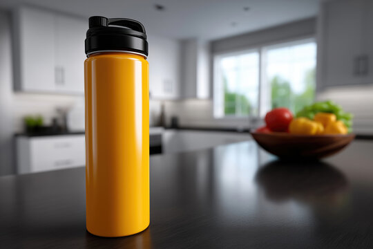 Bright water bottle on kitchen counter with fresh fruits in background