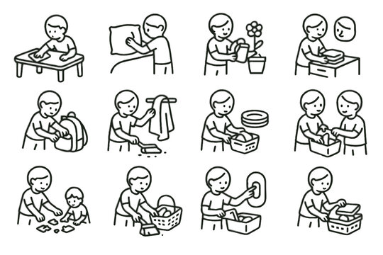 Puzzle wiping fluffing towel crumbs kid pillows mindful chores small organizing vector