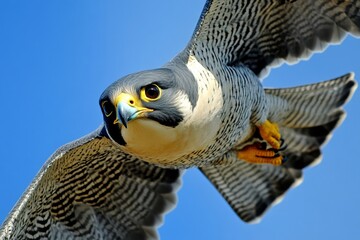Close-up of a bird of prey soaring in the air with its wings fully extended and sharp beak. The falcon's eyes are focused forward.
